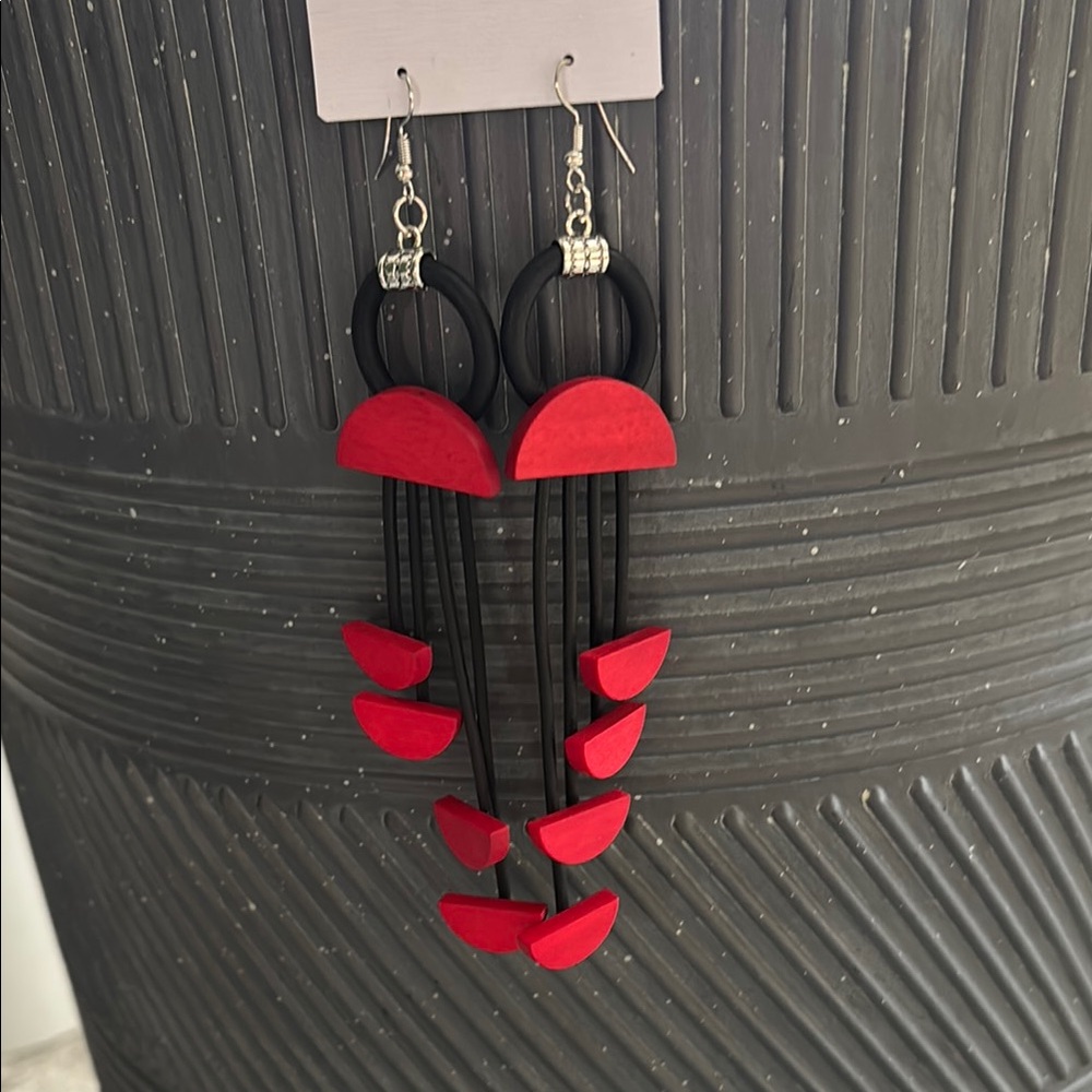 Colorful Geometric Dangle Earrings. Rubber & wooden extremely lightweight - Picture 2 of 2